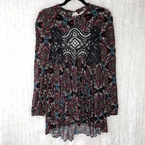 Free People Boho Babydoll Tunic Dress SMALL Lace Waist Open Keyhole Back Bell Sl